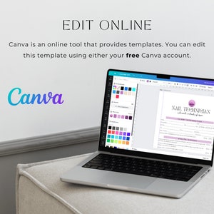 May include: A laptop computer displaying a Canva design template for a nail technician client intake form. The form includes sections for client information, health history, and nail services. The laptop is on a white surface.