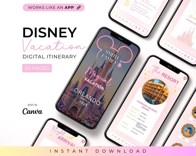 May include: A digital itinerary for a Disney vacation in Orlando, Florida. The itinerary is 34 pages long and includes a pink and white color scheme with a Mickey Mouse icon. The itinerary is editable in Canva and includes a flight arrival page, a resort page, and a page for a magical vacation.