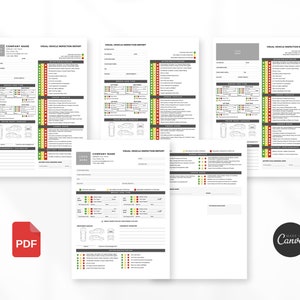 May include: A set of five printable vehicle inspection reports with a green, yellow, and red color scheme. The reports include sections for interior, exterior, under the hood, under the body, and drive train. The reports are designed to be used by mechanics or car dealerships to document the condition of a vehicle.