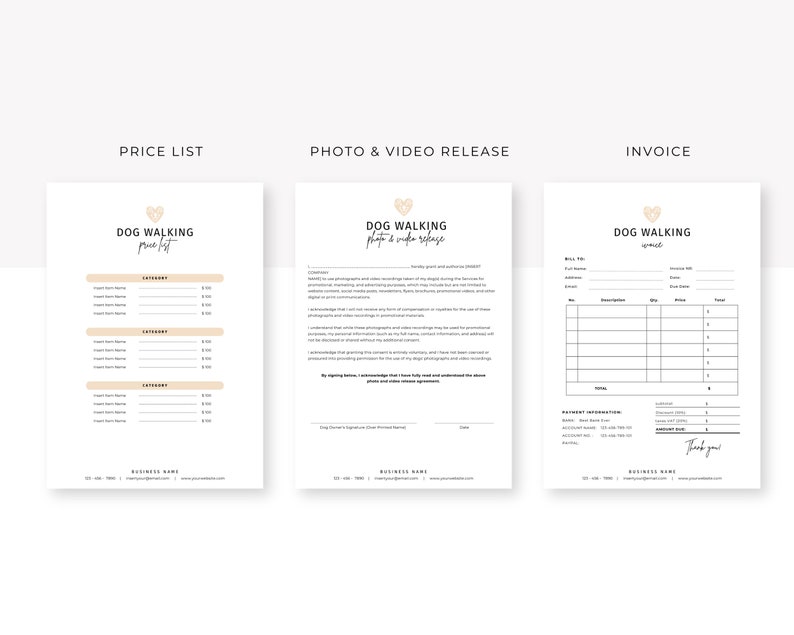 May include: Three black and white printable documents with the title "Dog Walking" and a paw print logo. The first document is a price list, the second is a photo and video release form, and the third is an invoice.