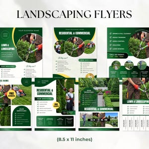May include: A collection of seven green and white landscaping flyers featuring images of lawn care professionals using hedge trimmers and mowers. The flyers include text for business names, services, and contact information, measuring 8.5 x 11 inches.