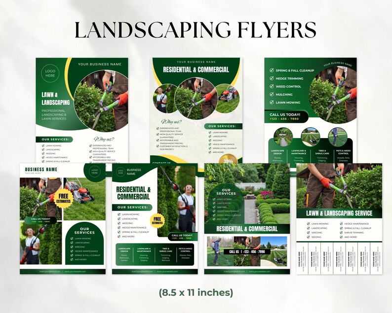 May include: A collection of seven green and white landscaping flyers featuring images of lawn care professionals using hedge trimmers and mowers. The flyers include text for business names, services, and contact information, measuring 8.5 x 11 inches.