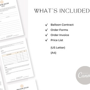 May include: A printable set of documents for a balloon decor business. The documents include a contract, order forms, an invoice, and a price list. The documents are available in US Letter and A4 sizes.