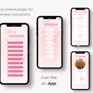 May include: A digital planner with a pink and gold design. The planner has a table of contents, a daily schedule, and a page for a resort. The planner is designed to look like an app on a smartphone.