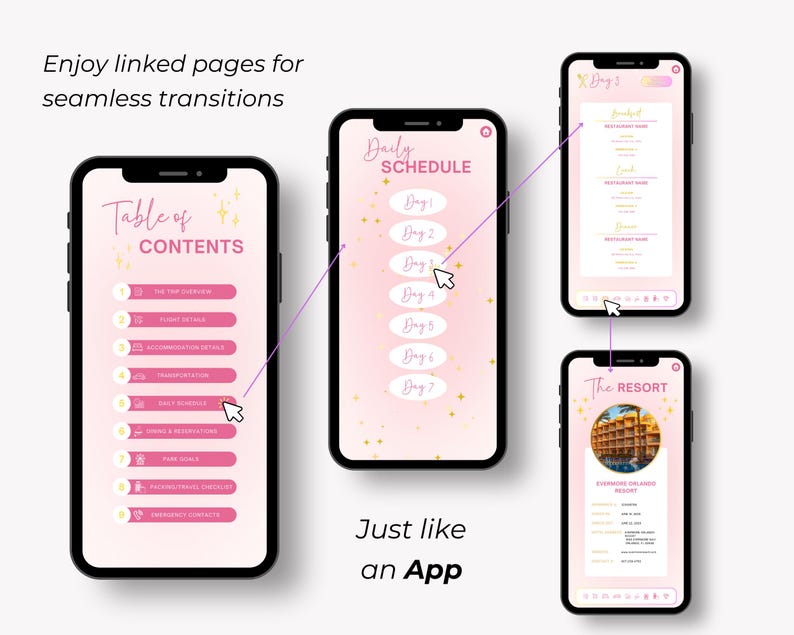 May include: A digital planner with a pink and gold design. The planner has a table of contents, a daily schedule, and a page for a resort. The planner is designed to look like an app on a smartphone.
