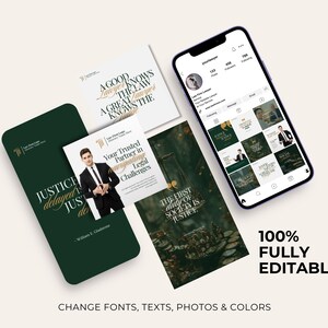 May include: A collection of marketing materials for a law firm, including business cards and social media posts. The design features a dark green and gold color scheme with quotes about justice and the law. The phone displays an Instagram profile.