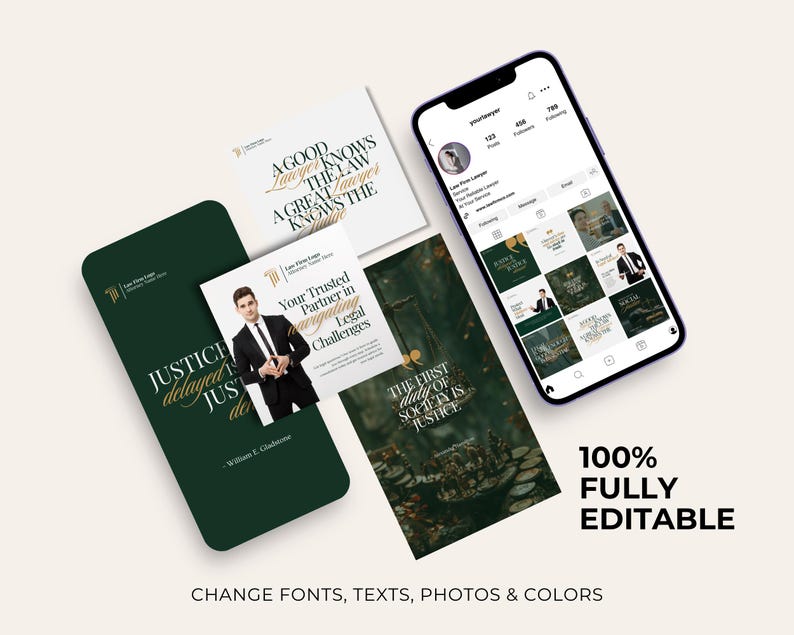 May include: A collection of marketing materials for a law firm, including business cards and social media posts. The design features a dark green and gold color scheme with quotes about justice and the law. The phone displays an Instagram profile.