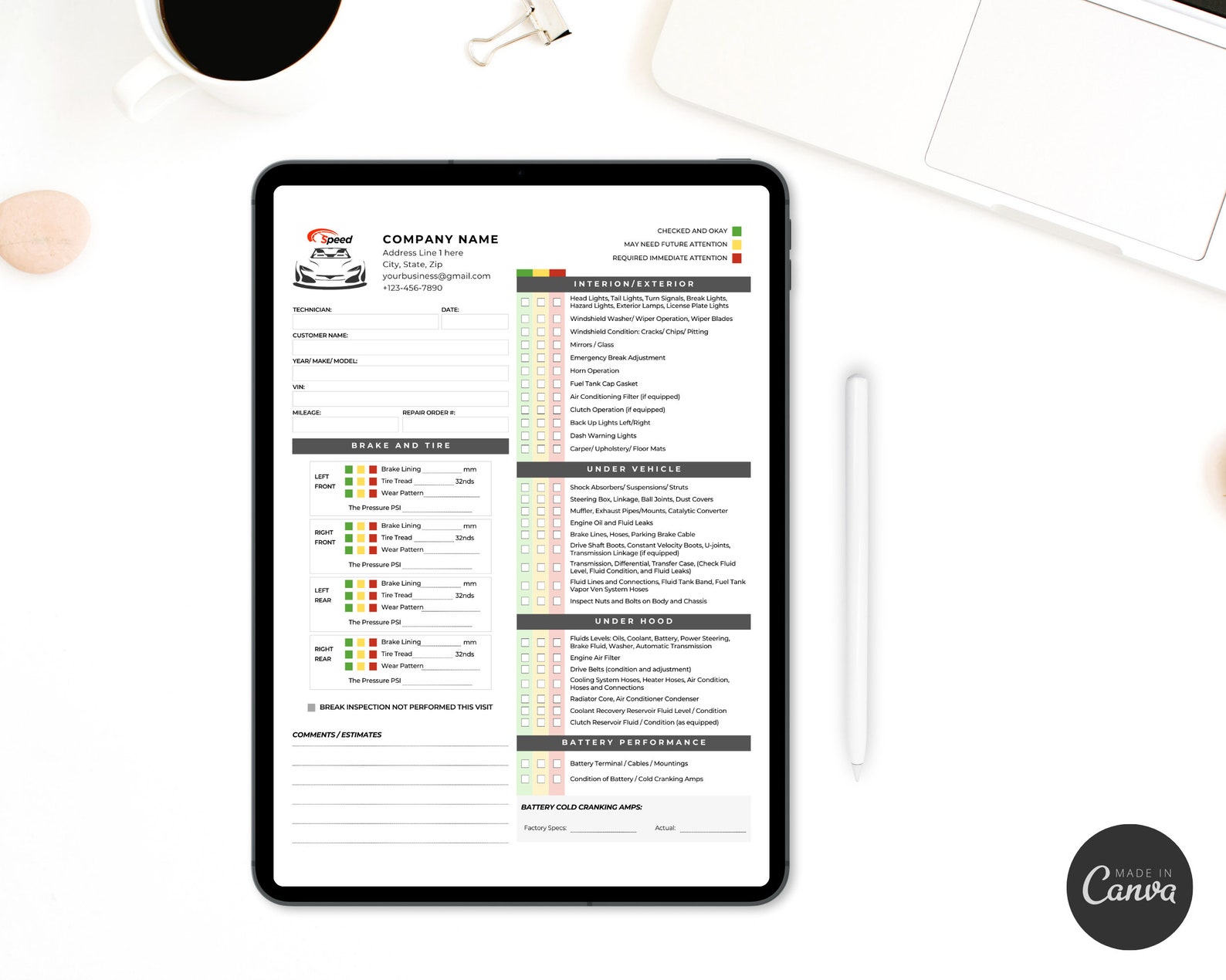 Printable Vehicle Inspection Report, CANVA Template Editable Car or ...