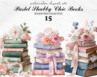 Conjunto de 15 imágenes prediseñadas de libros estilo shabby chic en tonos pastel, pila de libros vintage en formato PNG, ilustraciones románticas estilo cottagecore, gráficos de estética suave.