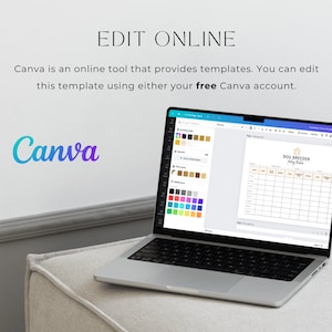 Pode incluir: Um computador port&aacute;til exibindo um modelo de design Canva para um rastreador de filhotes de criador de c&atilde;es. O modelo inclui um calend&aacute;rio com colunas para informa&ccedil;&otilde;es de filhotes, como nome, data de nascimento e peso. O texto "DOG BREEDER Puppy Tracker" est&aacute; no topo do modelo.