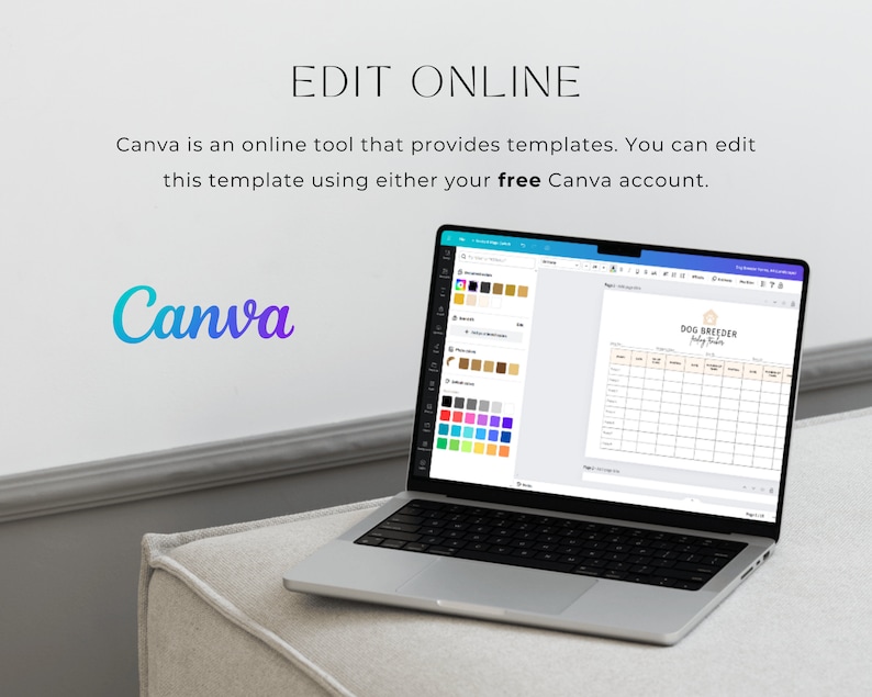 Pode incluir: Um computador port&aacute;til exibindo um modelo de design Canva para um rastreador de filhotes de criador de c&atilde;es. O modelo inclui um calend&aacute;rio com colunas para informa&ccedil;&otilde;es de filhotes, como nome, data de nascimento e peso. O texto "DOG BREEDER Puppy Tracker" est&aacute; no topo do modelo.