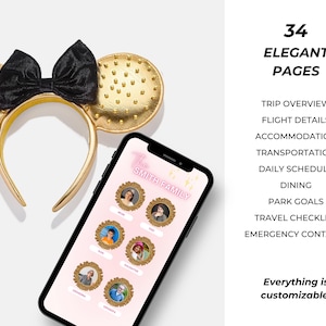 May include: A digital planner with 34 pages for a family trip to Disney World. The planner includes sections for trip overview, flight details, accommodation, transportation, daily schedule, dining, park goals, travel checklist, and emergency contacts. The planner is customizable and features a pink background with gold accents and a photo of a family.