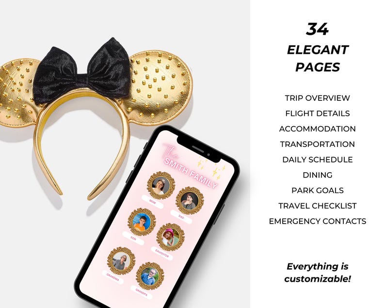 May include: A digital planner with 34 pages for a family trip to Disney World. The planner includes sections for trip overview, flight details, accommodation, transportation, daily schedule, dining, park goals, travel checklist, and emergency contacts. The planner is customizable and features a pink background with gold accents and a photo of a family.