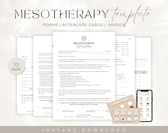 May include: A set of printable Mesotherapy templates, including forms, aftercare cards, and an invoice. The design has a clean, minimalist aesthetic with a neutral colour palette. The text "MESOTHERAPY Template" is displayed prominently at the top. The words "INSTANT DOWNLOAD" are at the bottom.