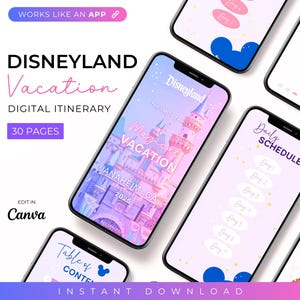 Puede incluir: Un itinerario digital para unas vacaciones en Disneyland, con un esquema de color rosa y morado. El itinerario incluye una tabla de contenido, un horario diario y una página con una imagen del castillo de Disneyland. El texto en el itinerario dice "Disneyland Vacation" y "30 Pages".