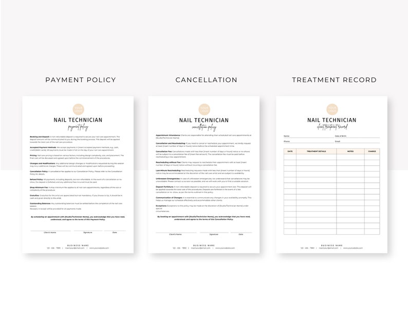 May include: Three printable documents for a nail technician business. The first document is a payment policy, the second is a cancellation policy, and the third is a treatment record. Each document has a title at the top and a logo with the text "Nail Technician" in a circle.