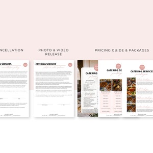 May include: A three-page document with information about catering services. The first page is a cancellation policy, the second page is a photo and video release form, and the third page is a pricing guide and packages.