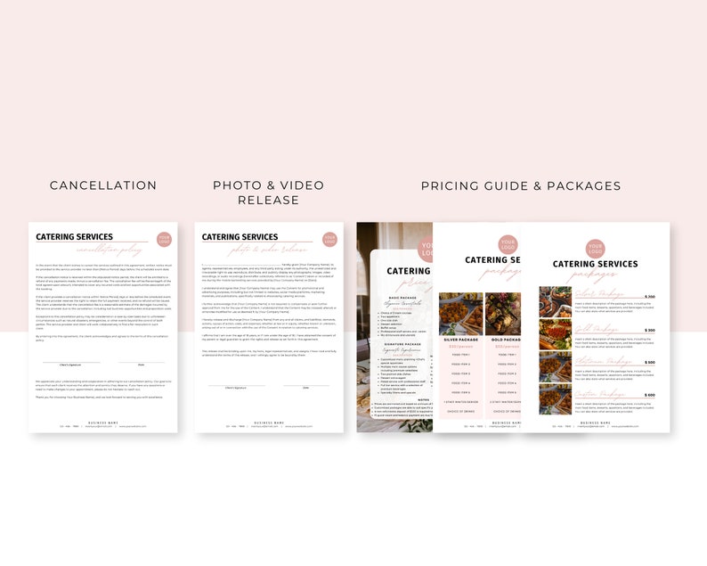 May include: A three-page document with information about catering services. The first page is a cancellation policy, the second page is a photo and video release form, and the third page is a pricing guide and packages.