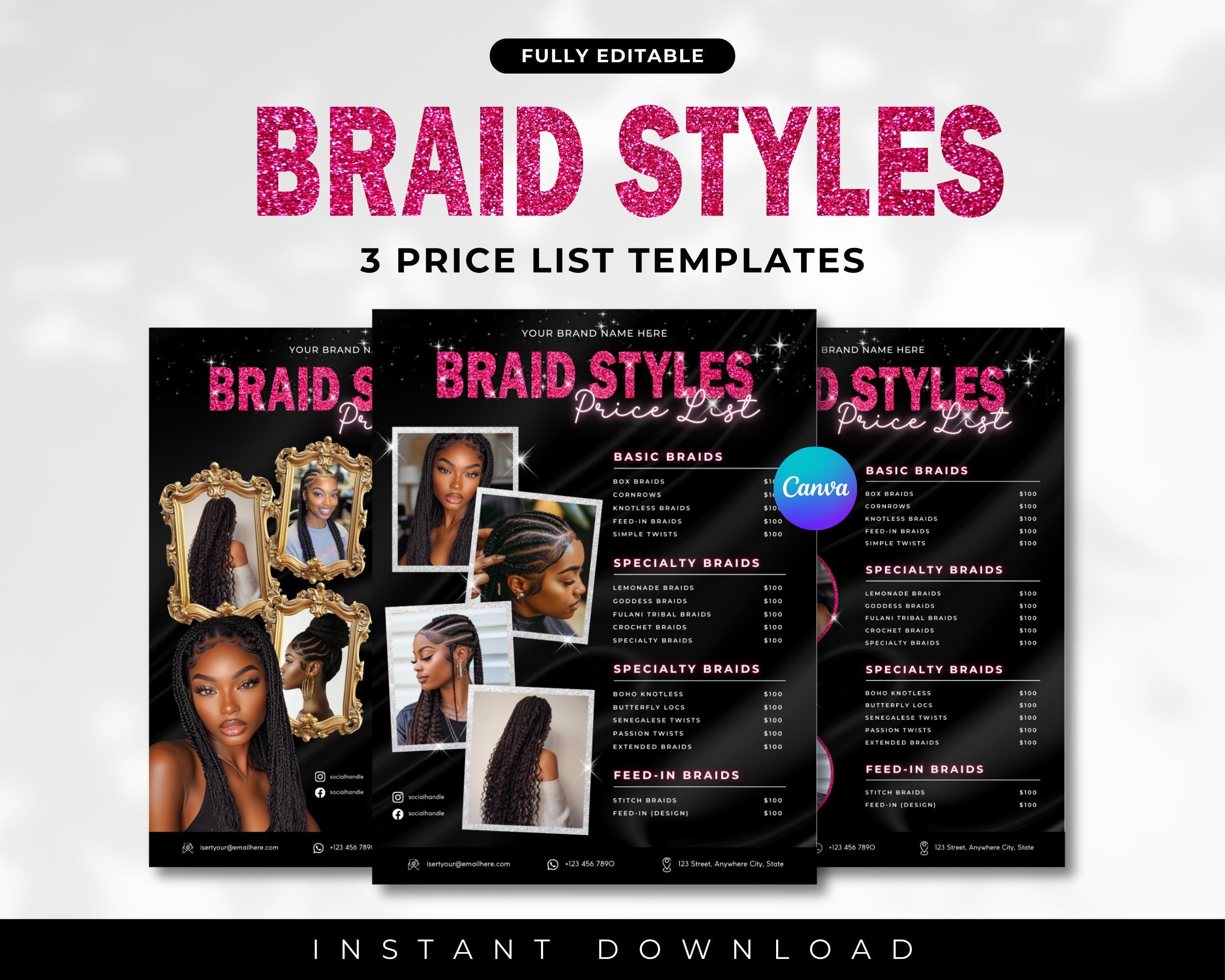 Braid Styles Price List Template, Braids Pricelist, Braiding Service ...