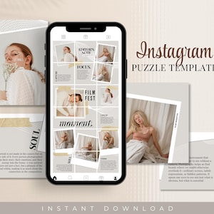 Könnte beinhalten: Eine digitale Vorlage zum Erstellen eines neun-teiligen Instagram-Puzzle-Posts. Die Vorlage verfügt über ein Raster mit neun Quadraten, die jeweils ein anderes Bild oder eine andere Textüberlagerung enthalten. Die Bilder zeigen eine Frau in verschiedenen Posen, und die Textüberlagerungen beinhalten Sätze wie "Anmerkung der Redaktion", "Fokus", "Filmfest" und "Moment".