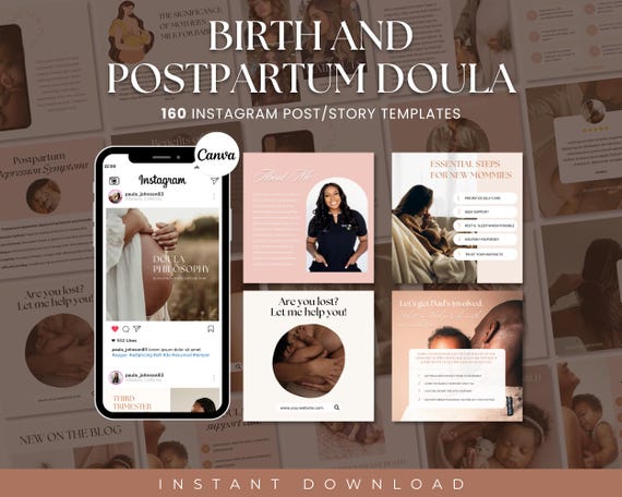 Birth and Postpartum Doula Instagram Template Bundle, Templates Bundle, Birth Doula, Birth Worker, Birth School, Postpartum Support, Canva