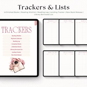 Puede incluir: Rastreadores y listas digitales para amantes de los libros. La imagen muestra una tableta con la palabra "TRACKERS" y una lista de rastreadores relacionados con libros. P&aacute;ginas adicionales incluyen listas de deseos de lectura, registros de lectura y rastreadores de pr&eacute;stamos. El dise&ntilde;o es en tonos rosa y blanco.