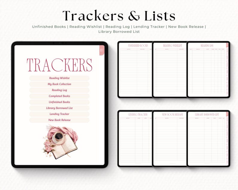 Puede incluir: Rastreadores y listas digitales para amantes de los libros. La imagen muestra una tableta con la palabra "TRACKERS" y una lista de rastreadores relacionados con libros. P&aacute;ginas adicionales incluyen listas de deseos de lectura, registros de lectura y rastreadores de pr&eacute;stamos. El dise&ntilde;o es en tonos rosa y blanco.