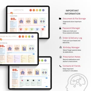 Pu&ograve; includere: Tre tablet digitali che mostrano un'interfaccia di pianificazione digitale. Gli schermi mostrano sezioni per contatti, ordini e consegne e gestione delle password. L'interfaccia include icone e testo come "Contatti e amici" e "Informazioni importanti."