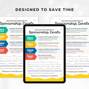 May include: A colorful sponsorship levels chart for Sunnyvale Elementary PTO. The chart lists four sponsorship levels: Platinum, Gold, Silver, and Bronze, with corresponding dollar amounts and benefits for each level. The chart includes a form for sponsors to fill out with their contact information and payment details.