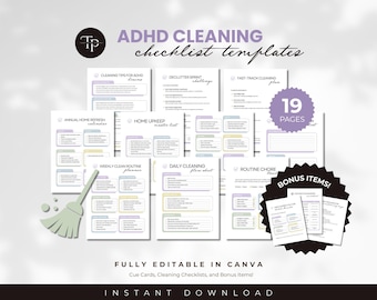 Adhd cleaning planner bundle, adhd cleaning schedule, adhd cleaning checklist, adhd cleaning chore chart, editable Adhd cleaning list, Canva