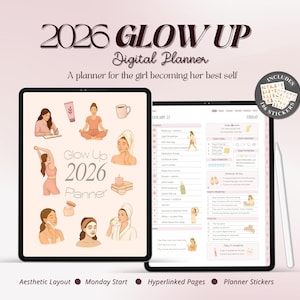 Può includere: Due agende digitali su sfondo rosa chiaro. Il tablet di sinistra mostra il testo "2026 Glow Up Digital Planner" con illustrazioni. Il tablet di destra mostra un layout dell'agenda. È incluso un foglio di adesivi. La parte inferiore dell'immagine contiene il testo: "Aesthetic Layout, Monday Start, Hyperlinked Pages, Planner Stickers."