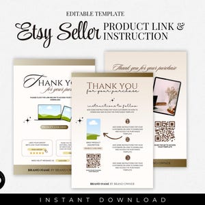 Könnte beinhalten: Eine Etsy-Vorlage für Produktlinks und Anweisungen für Verkäufer mit einem beige-goldenen Farbschema. Das Design enthält den Text "Vielen Dank für Ihren Einkauf" und Anweisungen für Kunden. Die Vorlage enthält auch einen QR-Code und eine Laptop- und Tablet-Grafik.