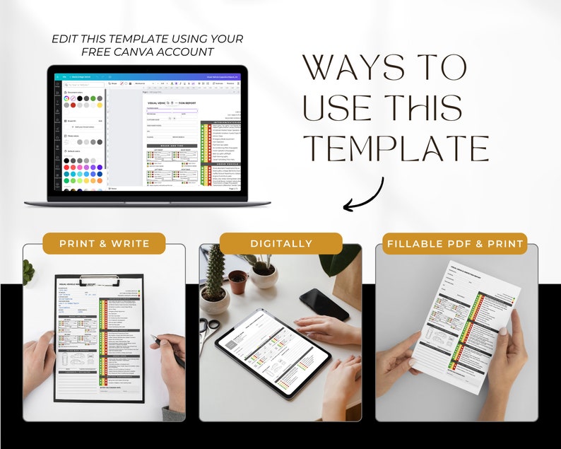 May include: A digital template for a self-assessment report. The template is shown in three different ways: on a computer screen, on a tablet, and as a printed document. The text on the template reads "Ways to Use This Template".