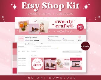 ショップキットテンプレート、Etsyショップバナー、Etsyショップブランディングバンドル、ピンク＆レッドの美的ブランディング、Canvaテンプレート