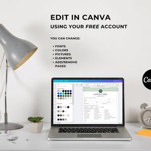 May include: A laptop displaying a lawn care service form in Canva, with text stating EDIT IN CANVA USING YOUR FREE ACCOUNT and listing editable features including fonts, colors, pictures, elements, and pages, alongside a gray lamp and clock.