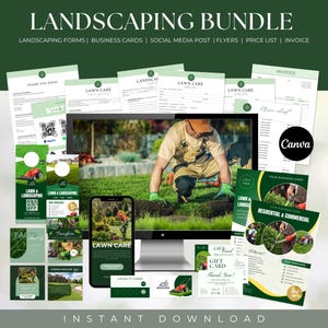 May include: A landscaping business bundle featuring a collection of digital templates including forms, business cards, social media posts, flyers, a price list, and an invoice. The display shows a computer monitor and smartphone with lawn care imagery.