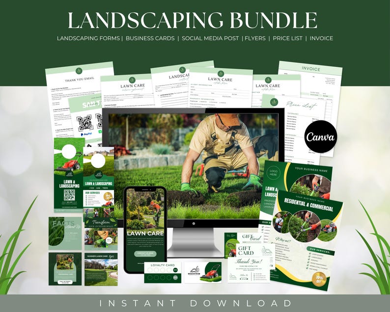May include: A landscaping business bundle featuring a collection of digital templates including forms, business cards, social media posts, flyers, a price list, and an invoice. The display shows a computer monitor and smartphone with lawn care imagery.