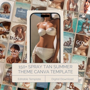 Könnte beinhalten: Eine digitale Vorlage mit Sommerthema für Sprühbräunungsunternehmen. Das Bild zeigt eine Frau in einem weißen Bikini, umgeben von Werbegrafiken mit Text wie "Summer Energy" und "Glow". Die Vorlage enthält editierbare Elemente.