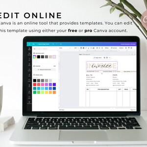 May include: A laptop screen displaying a Canva invoice template. The template is customisable and features a beige and brown colour scheme with the word "invoice" in a handwritten font.