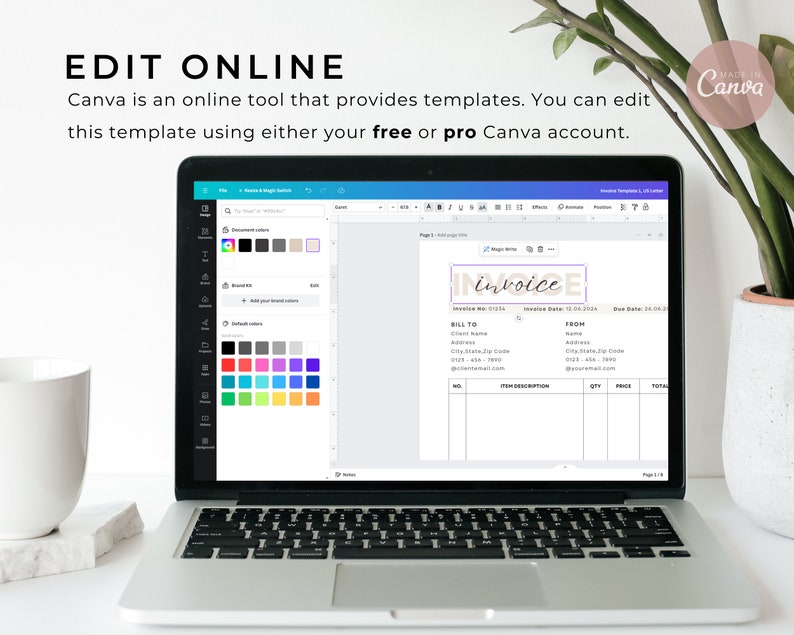 May include: A laptop screen displaying a Canva invoice template. The template is customisable and features a beige and brown colour scheme with the word "invoice" in a handwritten font.