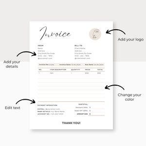 May include: A minimalist invoice template with a beige background and black text. The template includes sections for billing information, item description, quantity, price, and total. It also includes payment information, such as PayPal and bank details. The template has a "Thank You!" message at the bottom.