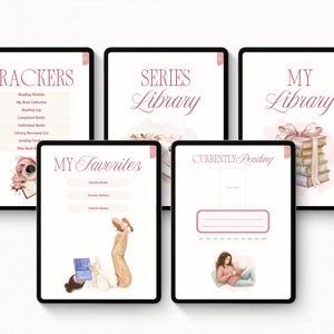 Puede incluir: Una colecci&oacute;n de plantillas de planificador digital que se muestran en tabletas. Las plantillas presentan una combinaci&oacute;n de colores rosa y blanco con ilustraciones florales y de libros. El texto incluye "TRACKERS", "SERIES Library", "MY Library", "MY Favorites" y "CURRENTLY Reading".