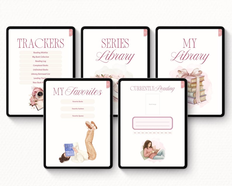Puede incluir: Una colecci&oacute;n de plantillas de planificador digital que se muestran en tabletas. Las plantillas presentan una combinaci&oacute;n de colores rosa y blanco con ilustraciones florales y de libros. El texto incluye "TRACKERS", "SERIES Library", "MY Library", "MY Favorites" y "CURRENTLY Reading".