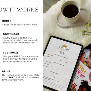 May include: A digital tablet displaying a printable enrollment form for a school. The form includes sections for child's personal information, parent/guardian information, and emergency contact. The tablet is on a white fuzzy surface with a cup of coffee and a flower arrangement.