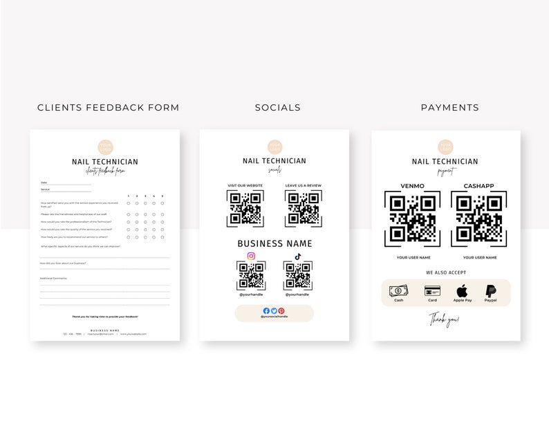 May include: A white feedback form for nail technicians with a section for client feedback and a section for additional comments. The form also includes a section for the business name and contact information. The form is designed to help nail technicians gather feedback from their clients and improve their services.