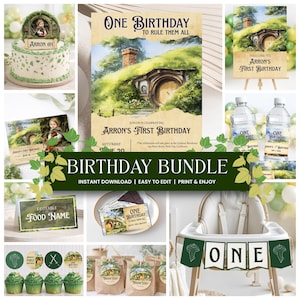 May include: A birthday party bundle with a fantasy theme. Includes invitations, cake, cupcakes, water bottles, and decorations. The invitation reads "One Birthday to Rule Them All" and "Arron's First Birthday".