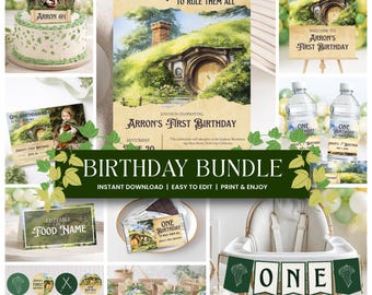 Pacchetto modificabile per la festa di compleanno di Fantasy Shire, invito alla festa di "Uno per governarli tutti", invito per il primo anno di vita del bambino, download dell'avventura Cottagecore