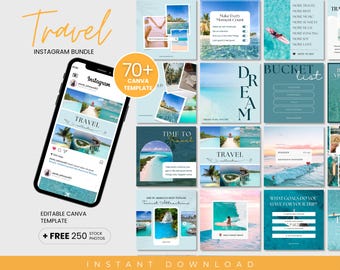 May include: A digital marketing bundle for Instagram featuring travel-themed templates. The set includes a smartphone displaying a social media feed, various square graphic layouts with beach imagery, and text overlays like Travel, Dream, and Bucket List.