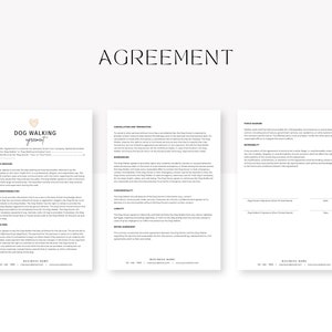 May include: A black and white agreement form for dog walking services. The form includes sections for cancellations and termination, emergencies, and force majeure. The document includes space for the dog owner's signature and the dog walker's signature.