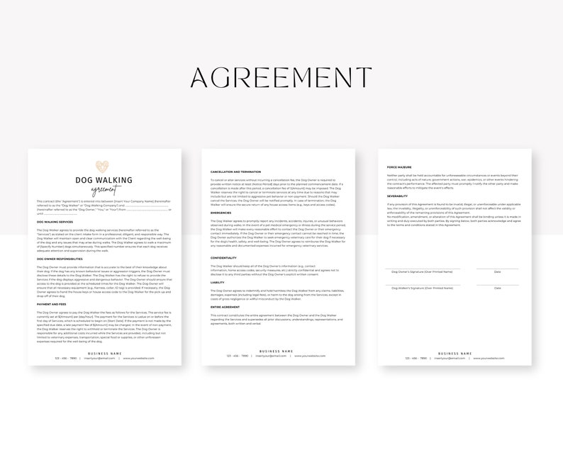 May include: A black and white agreement form for dog walking services. The form includes sections for cancellations and termination, emergencies, and force majeure. The document includes space for the dog owner's signature and the dog walker's signature.